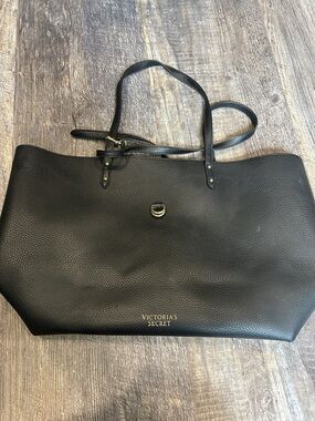 Victoria's Secret Black Pebbled Leather Tote with Gold Accent